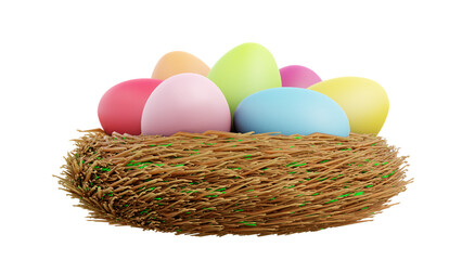 easter eggs group in a nest 3D rendering