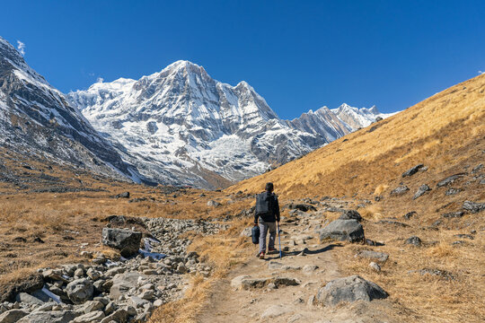 Man Hiking on the Annapurna Region in Nepal