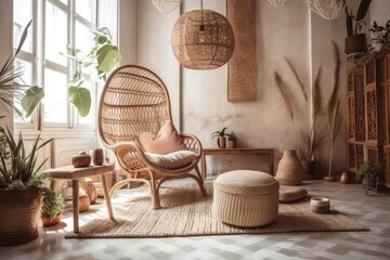 Vertical view of pleasant Balinese or Indonesian living room with home décor, wicker furniture, armchair with cushions, and macrame on white wall. Generative AI