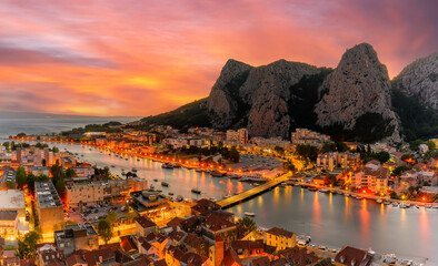Landscape with Omis town and  Cetina river at night, Croatia