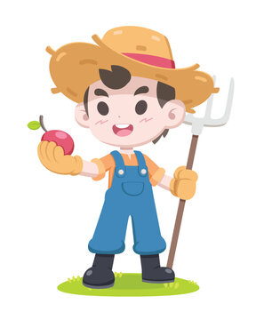 Cute style farm boy holding fruit and rake cartoon illustration
