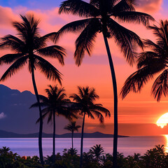 Fototapeta na wymiar Tropical beach sunset with palm trees - generative AI