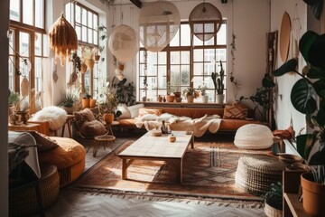 Bright bohemian living room. Decor. Generative AI