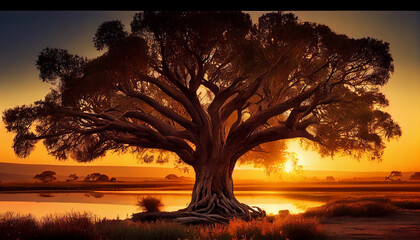 Tree silhouette sunset tranquil water reflection orange meadow generated by AI