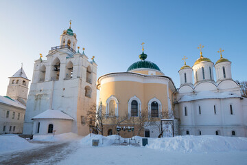 At the temples of the ancient Spaso-Preobrazhensky monastery on a sunny January morning. Yaroslavl, Golden Ring of Russia