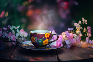 Fototapeta na wymiar a coffee cup with a flower painted, smoke, on a table with many spring flowers, generative AI