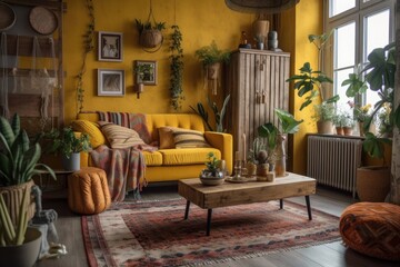 Little ladder behind a nice sofa in a colorful bohemian apartment with yellow drapes. Generative AI