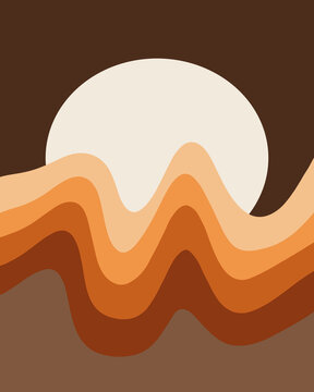 Retro Inspired Moon And Ocean Drawing