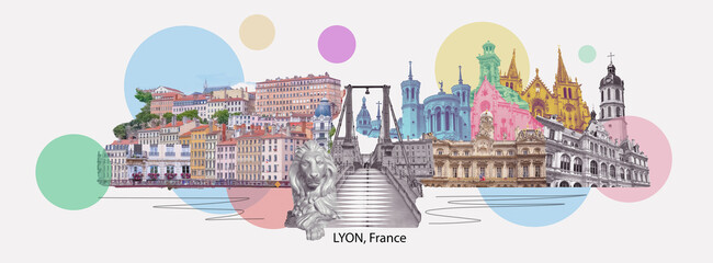 Lion, France - Collage or art design from river Sona to the bridge and Lyon city, France