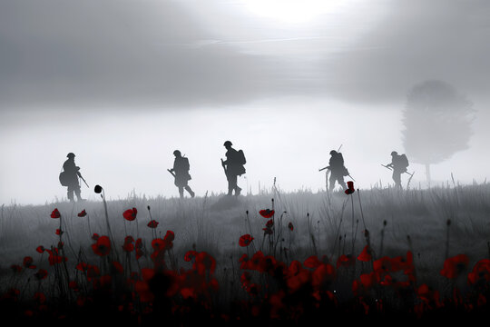 Silhouetted ANZAC Soldiers Among Red Poppies in the Mist. Generative AI