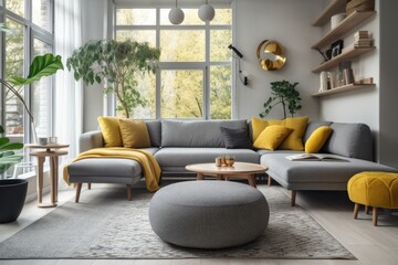 Modern living room with pouf and grey corner couch. Real picture. Generative AI