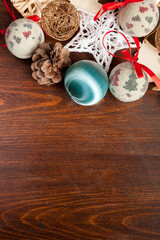 Obraz na płótnie Canvas Christmas decorations on wooden background. Winter decorations table