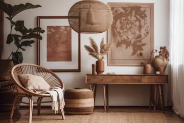 Boho living room with brown mock up poster frame, stylish decorations, flowers in vase, wooden shelf, and hanging rattan hut. Decor minimalism. Template. Generative AI