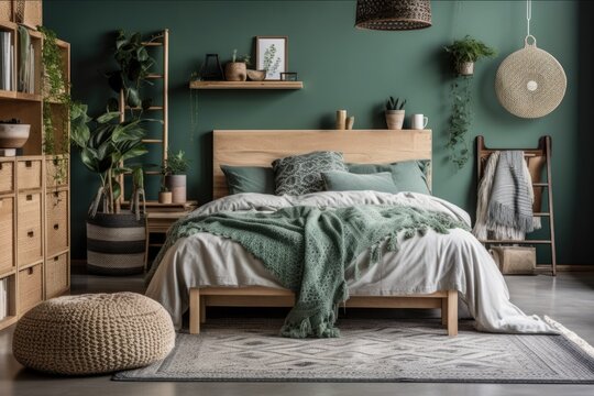 Green boho bedroom with grey carpet beneath lights and bed between ladder and plant. Generative AI