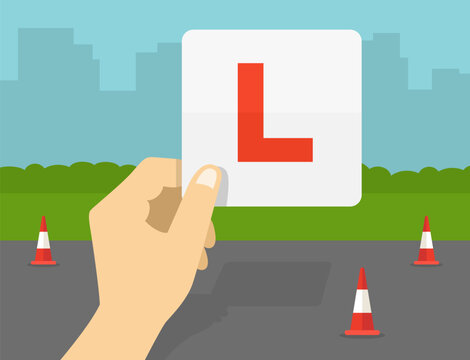 Close-up of hand holding a learner's plate. Car driving practicing. Flat vector illustration template.