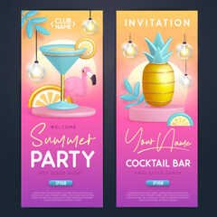 Summer cocktail disco party typography poster with 3D plastic flamingo, cocktail and pineapple. Invitation design. Vector illustration