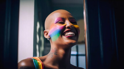 A smiling, mixed-race woman with a shaved head and rainbow face paint.