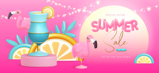 Summer big sale typography poster with 3d plastic text, flamingo and blue lagoon cocktail. Summer background. Vector illustration
