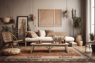 Fotobehang Boho Boho style interior. Brown living room. Beige mockup. Generative AI