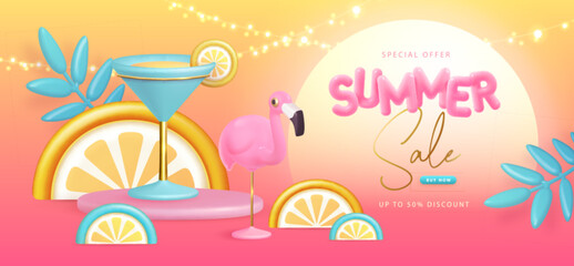 Summer big sale typography poster with 3d plastic text, flamingo and cosmopolitan cocktail. Summer background. Vector illustration