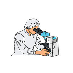 One continuous line drawing of Laboratory Officer using the microscope. Chemical and laboratory design concept with simple linear style. Laboratory vector design concept.