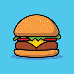 Hot Juicy Delicious Burger. Burger isolated on Blue background. Isolated Icon Food Burger. For your design. Cartoon flat design