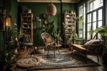 Creative living room with coffee table, rattan armchair, plants, carpet, and boho decorations. Green walls and parquet. Copies. Template. Generative AI