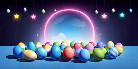 Photo of a vibrant Easter egg display on a bright blue background