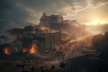 Fototapeta premium The ancient Rome soldiers are fighting under the castle
