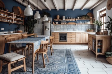 Bohemian wooden kitchen and dining room. White and blue carpet, chairs, and appliances. Boho rural decor,. Generative AI