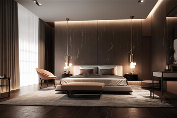 Luxury-style bedroom interior with a master bed in the home and hotels, 3d render, generative AI.