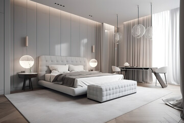 Luxury-style bedroom interior with a master bed in the home and hotels, 3d render, generative AI.