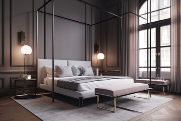 Naklejka na ściany i meble Luxury-style bedroom interior with a master bed in the home and hotels, 3d render, generative AI.