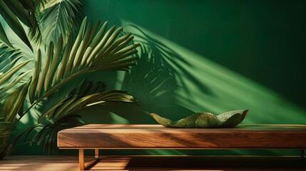 Empty wooden table counter with tropical palm tree in dappled sunlight, leaf shadow on green wall for luxury organic cosmetic, skincare, beauty treatment nature product display background