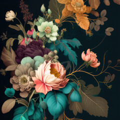 Vintage bouquet of beautiful flowers. Floral botanical background. Created with Generative AI.