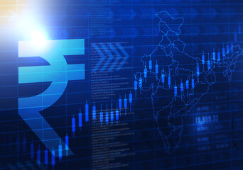 rupee background illustration, blue background with Indian rupee icon
