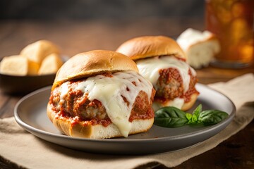 A shot of a plate of meatball sliders with marinara sauce and melted mozzarella cheese. Generative AI
