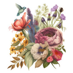 Vintage bouquet of beautiful flowers with Paradise Bird. Floral botanical background. Created with Generative AI.