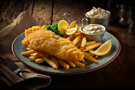 A shot of a plate of classic fish and chips with tartar sauce and lemon wedges. Generative AI