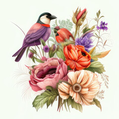 Vintage bouquet of beautiful flowers with Paradise Bird. Floral botanical background. Created with Generative AI.
