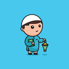 Cute boy moslem bring al quran and lentera lamp cartoon illustration people religion vector