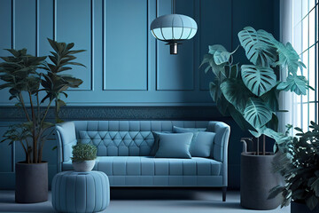 Light blue living room has decorated with lamps and plants trees. Generative Ai