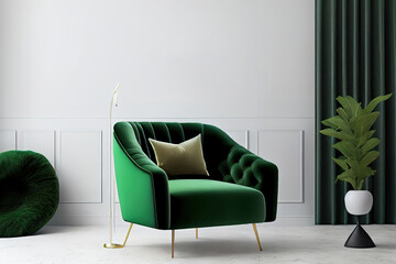 Luxurious and minimalist home interior with green velvet chair, lighting and tropical plant. Generative Ai