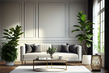 Stylish living room interior with beautiful house plants. Generative Ai