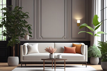 Stylish living room interior with beautiful house plants. Generative Ai