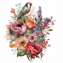 Fototapeta na wymiar Vintage bouquet of beautiful flowers with Paradise Bird. Floral botanical background. Created with Generative AI.