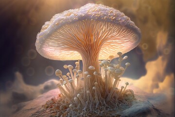 Close-up of a white-capped poisonous toadstool fungus in a natural forest setting