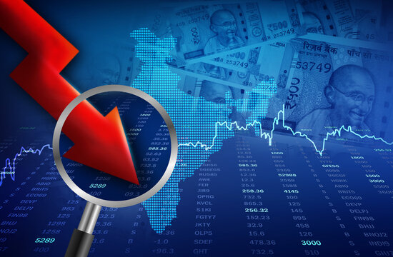 Indian economy downfall concept. stock market loss. down arrow illustration with Indian map