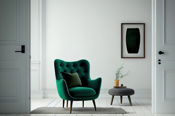 Scandinavian living room with green armchair on empty white wall background. Generative Ai