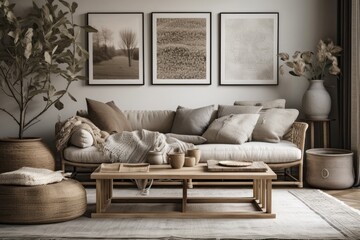 Gray and beige farmhouse bohemian living room frame mock up. Modern wallpaper, couch, and decor. Modern decor,. Generative AI